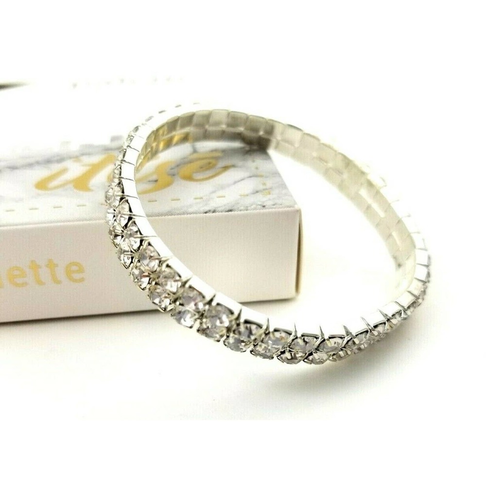 Silver Stretch Bracelet with 2 Rows of Rhinestones